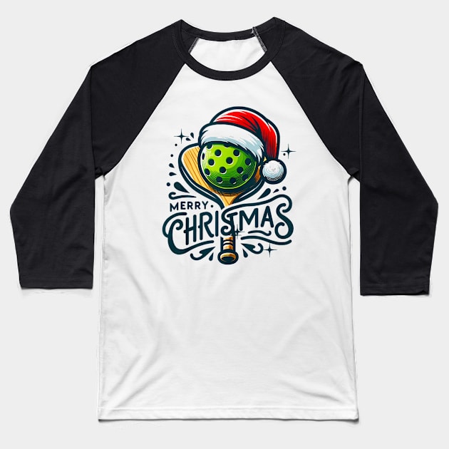 Merry Christmas Pickleball Pickle Ball and Paddle Santa Baseball T-Shirt by nadenescarpellos